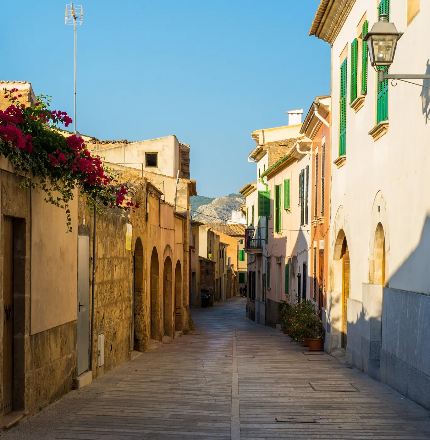 Ruelle fleurie de la vieille ville d'Alcúdia, lumière dorée