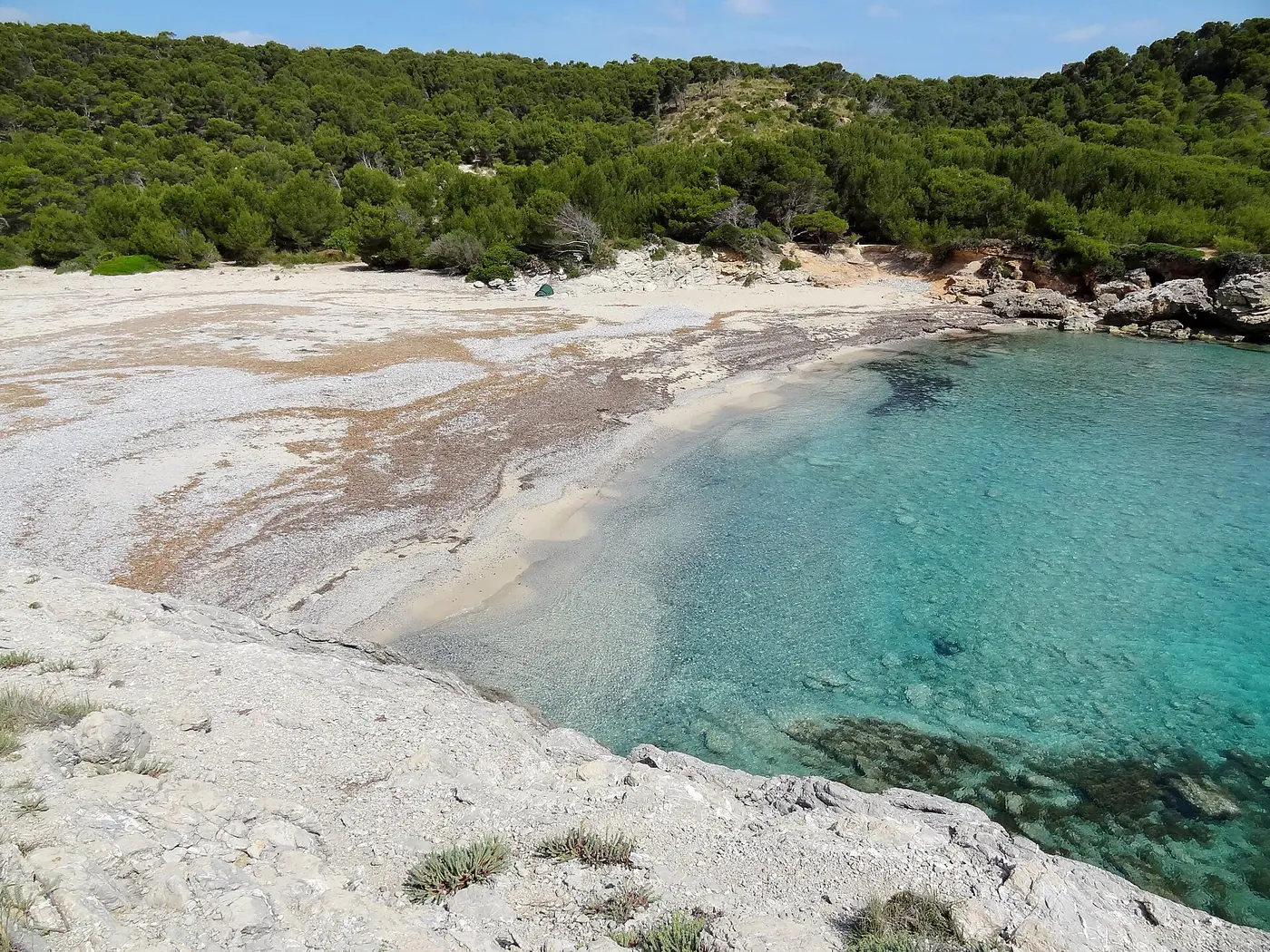 Vue plongeante sur Cala des Matzoc, eau turquoise et pins.