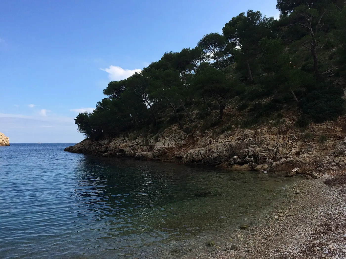 Petite crique rocheuse près de Cala Murta, mer bleue et pins.