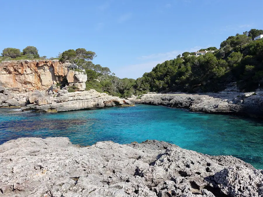 Crique étroite de Cala s'Almunia entourée de falaises calcaires et de pins.