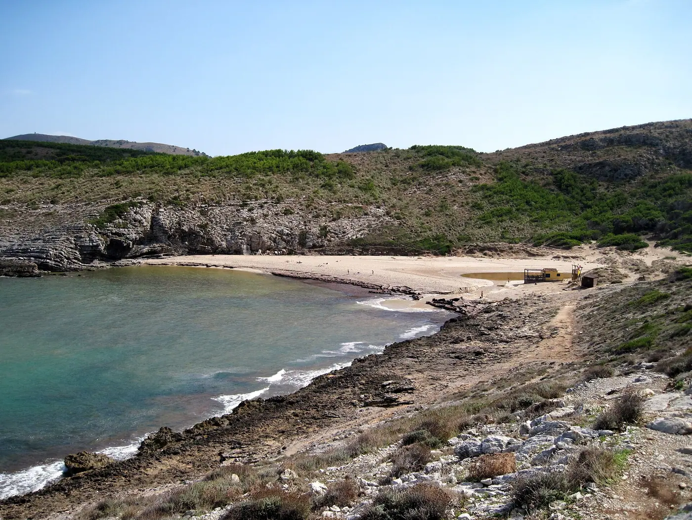 Panorama de Cala Torta encadré de verdure.