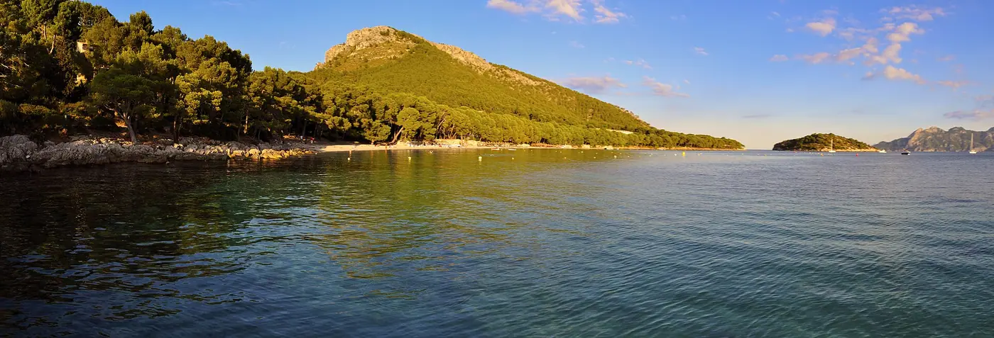 Panorama de la plage de Formentor, pinède et mer bleu profond.